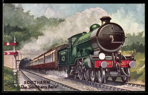 Künstler-AK Personenzug Southern Belle der Southern Railway nach Verlassen von Tunnel, englische Eisenbahn