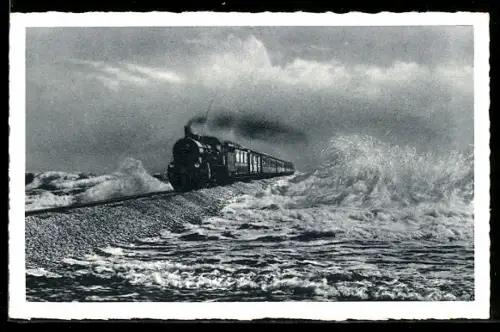 AK Personenzug in Fahrt auf dem Hindenburgdamm nach Sylt, Eisenbahn
