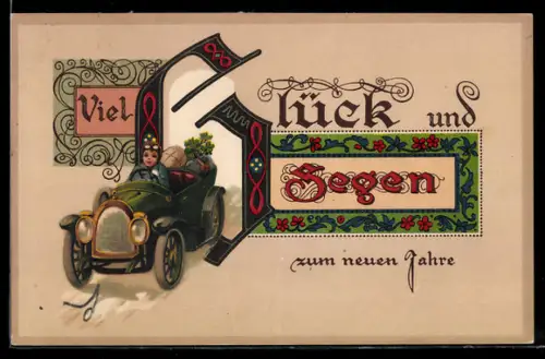 AK Kind fährt mit Automobil, Geschenke im Kofferraum, Neujahrgrüsse