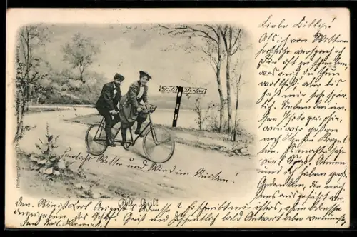 AK Paar mit Tandem-Fahrrad auf Fahrt in ländlicher Umgebung