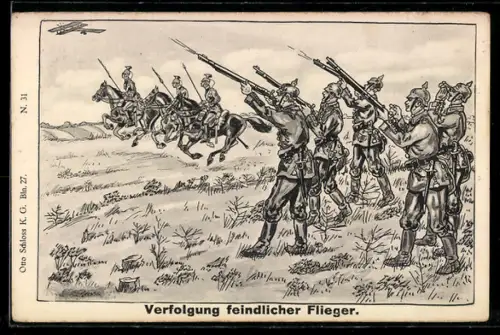 AK Doppeldecker-Flugzeug wird von Infanteristen mit Gewehren beschossen