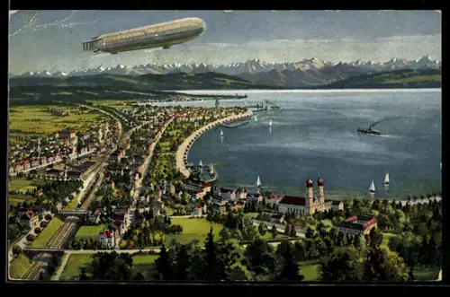 Künstler-AK Friedrichshafen, Gesamtansicht mit Zeppelin