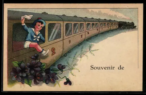 AK Junge grüsst aus dem Fenster von Personenzug, Eisenbahn