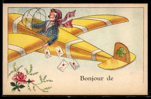 AK Junge Frau in einem Flugzeug lässt Briefe fallen