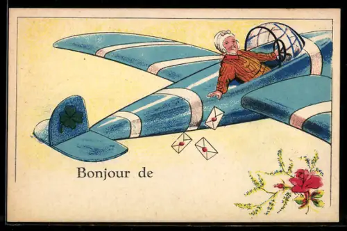AK Pilot wirft Briefe aus Flugzeug ab, Kleeblatt auf Seitenleitwerk