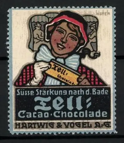 Künstler-Reklamemarke Paul Höfer, Hartwig & Vogel A.-G. Tell-Schokolade, Frau mit Schokolade