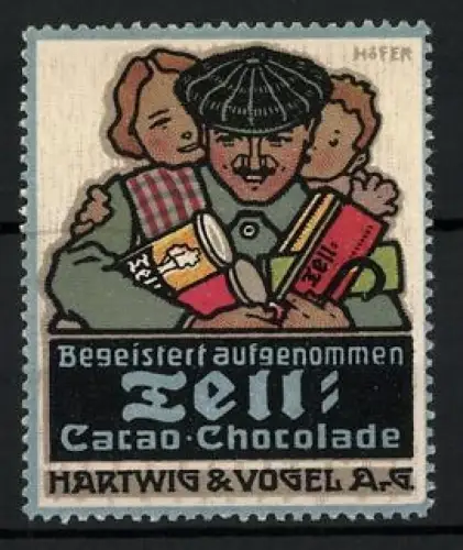 Künstler-Reklamemarke Paul Höfer, Hartwig & Vogel A. G., Tell-Schokolade, Vater mit Kindern und Schokolade