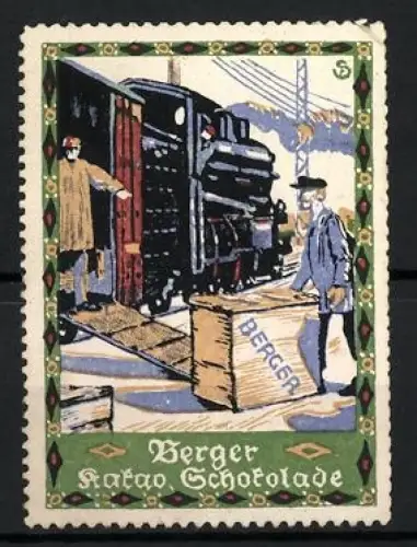 Künstler-Reklamemarke Sigmund von Suchodolski, Berger Kakao Schokolade, Eisenbahn mit Dampflok