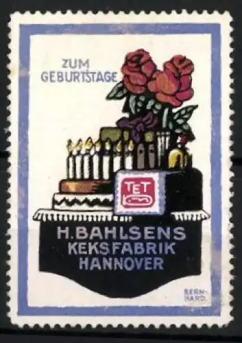 Künstler-Reklamemarke Lucian Bernhard, Hannover, H. Bahlsens Keksfabrik, Geburtstagstorte mit Kerzen und Rosen