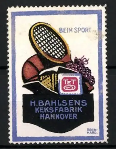 Künstler-Reklamemarke Lucian Bernhard, Hannover, H. Bahlsens Keksfabrik, Tennisschläger
