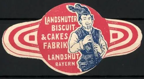 Reklamemarke Landshut /Bayern, Landshuter Biscuit & Cakes Fabrik, Musiker mit Flöte, Planet