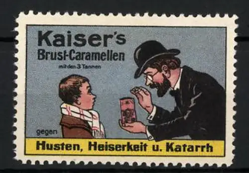 Reklamemarke Kaiser`s Brust-Caramellen, Mann mit Hut und Kind
