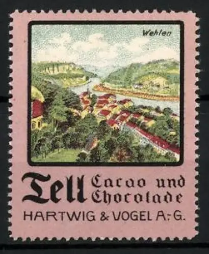 Reklamemarke Dresden, Tell Cacao und Chocolade, Hartwig & Vogel AG, Flusslandschaft vor Wehlen