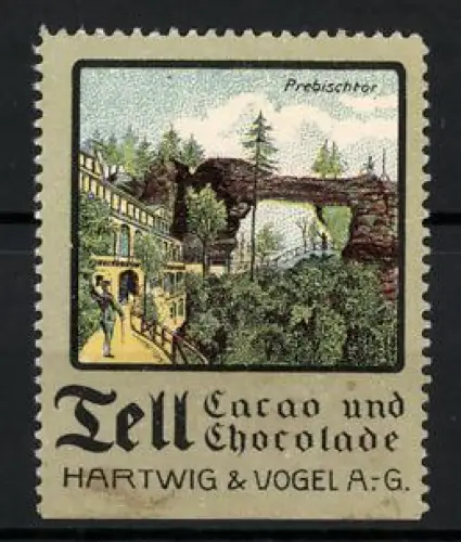 Reklamemarke Dresden, Tell Cacao und Chocolade, Hartwig & Vogel AG, Landschaftsansicht Prebischtor