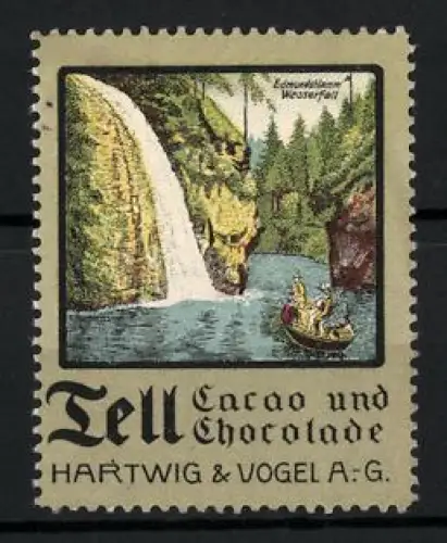 Reklamemarke Dresden, Tell Cacao und Schokolade, Hartwig & Vogel AG, Wasserfall und Bootsfahrt Edmundsklamm