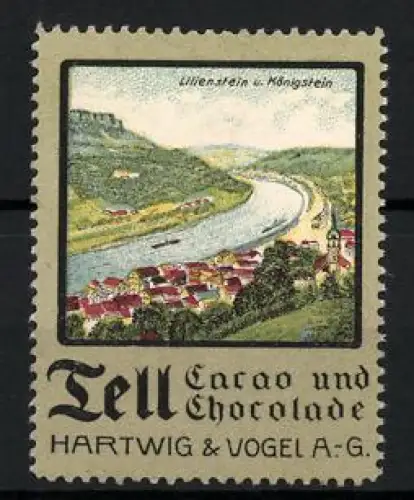 Reklamemarke Dresden, Tell Cacao und Chocolade, Hartwig & Vogel AG, Flusslandschaft Lilienstein & Königstein