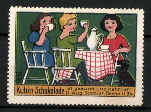Künstler-Reklamemarke Johann Peter Werth, Berlin, Kubin-Schokolade von D. Aug. Schmidt, drei Kinder am Tisch mit Dackel