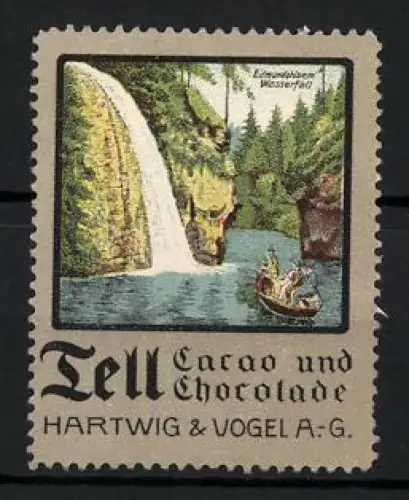 Reklamemarke Dresden, Tell Cacao und Chocolade, Hartwig & Vogel AG, Wasserfall und Bootsszene Edmundsklamm