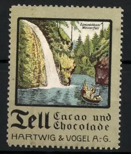 Reklamemarke Dresden, Tell Cacao und Chocolade, Hartwig & Vogel AG, Wasserfall und Boot Edmundsklamm