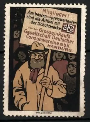 Reklamemarke Hamburg, Mitglieder der Grosseinkaufs-Gesellschaft Deutscher Consumverein, Mann mit Schild