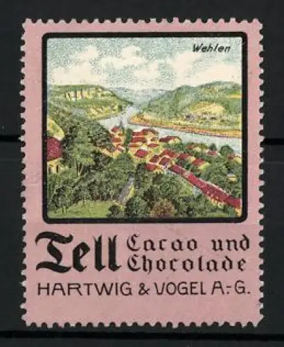 Reklamemarke Dresden, Tell Cacao und Chocolate, Hartwig & Vogel AG, Wehlen mit Landschaftsansicht