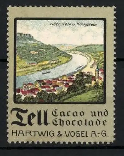 Reklamemarke Dresden, Tell Cacao und Chocolate, Hartwig & Vogel AG, Landschaftsansicht bei Lilienstein & Königstein