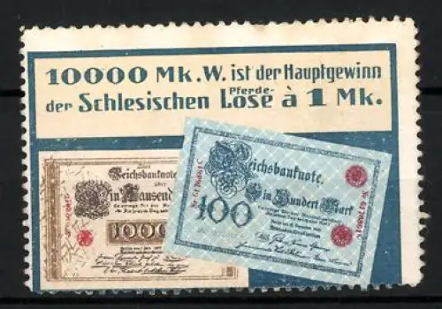 Reklamemarke Schlesien, 10000 Mk. Hauptgewinn, Reichsbanknoten, Pferde-Lose Lotterie