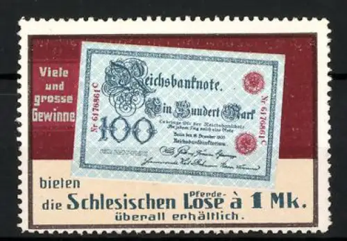 Reklamemarke Schlesien, Schlesische Pferde-Lose, Gewinne, Reichsbanknote als Symbol, Lotterie