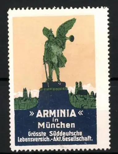 Reklamemarke München, Arminia Versicherungsgesellschaft, Engel-Statue mit Fanfare