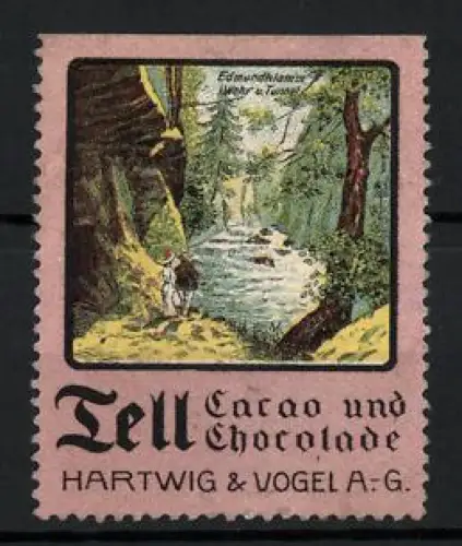 Reklamemarke Dresden, Tell Cacao und Chocolate, Hartwig & Vogel AG, Flusslandschaft bei der Edmundsklamm