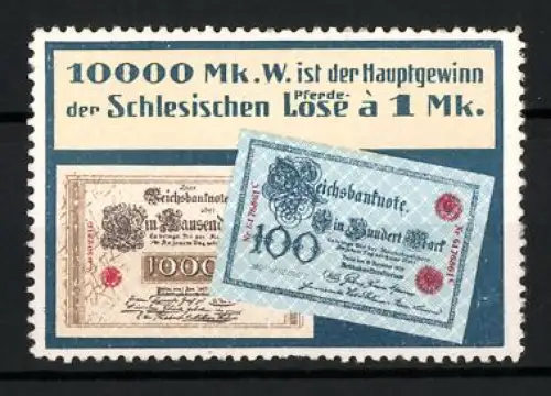 Reklamemarke Schlesien, 10000 Mk. Hauptgewinn, Banknoten, Pferde-Lose, Lotterie