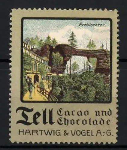 Reklamemarke Dresden, Tell Cacao und Chocolate, Hartwig & Vogel AG, Prebischtor Felsformation