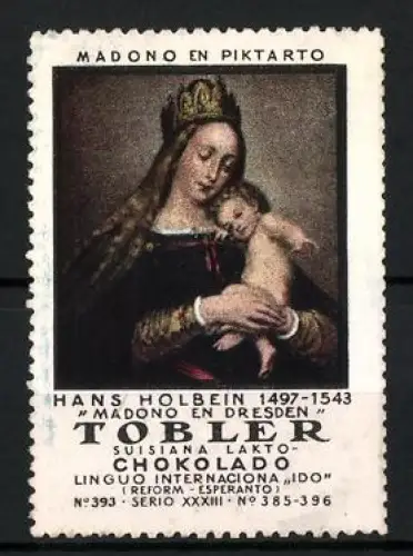 Reklamemarke Tobler Schokolade, Madono en Piktarto, Madonna mit Kind von Hans Holbein, Esperanto