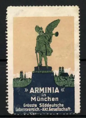 Reklamemarke München, Arminia Lebensversicherung, Engel-Statue mit Flügeln und Fanfare