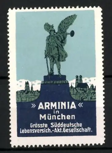 Reklamemarke München, Arminia Lebensversicherung, Engel-Statue mit Schwert & Fanfare