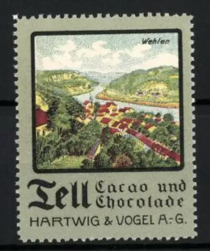 Reklamemarke Dresden, Tell Cacao und Chocolate, Hartwig & Vogel AG, Landschaftsansicht bei Wehlen