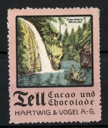 Reklamemarke Dresden, Tell Cacao und Chocolate, Hartwig & Vogel AG, Wasserfall-Szene Edmundsklamm