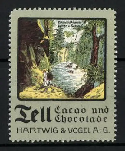 Reklamemarke Dresden, Tell Cacao und Chocolate, Hartwig & Vogel AG, Wanderer vor der Edmundsklamm