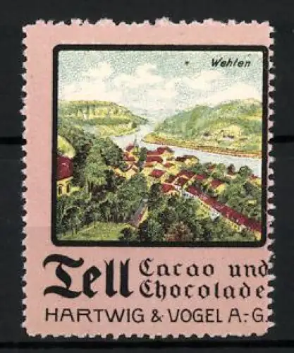Reklamemarke Dresden, Tell Cacao und Chocolate, Hartwig & Vogel AG, Ortsansicht Wehlen