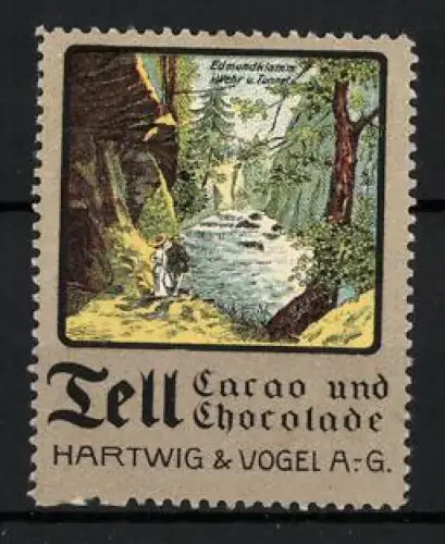 Reklamemarke Dresden, Tell Cacao und Chocolate, Hartwig & Vogel AG, Landschaft mit Wanderer bei der Edmundsklamm