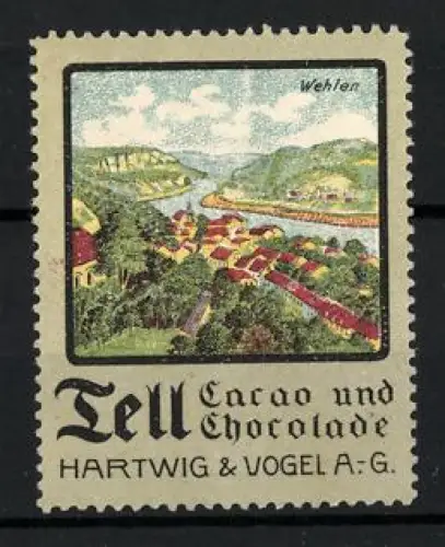 Reklamemarke Dresden, Tell Cacao und Chocolate, Hartwig & Vogel AG, Wehlen mit Landschaftsansicht