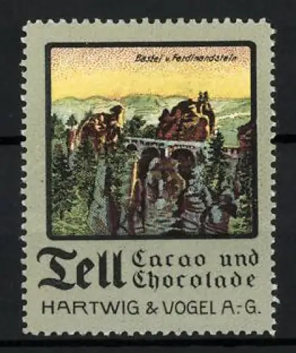 Reklamemarke Dresden, Tell Cacao und Chocolate, Hartwig & Vogel AG, Bastei vom Ferdinandstein gesehen