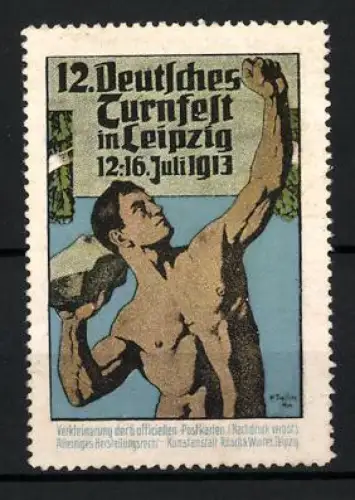 Reklamemarke Leipzig, 12. Deutsches Turnfest 1913, athletischer Turner in Akt