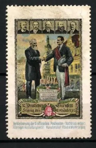 Reklamemarke Leipzig, 12. Deutsches Turnfest November 1913, Händedruck vor Stadtkulisse