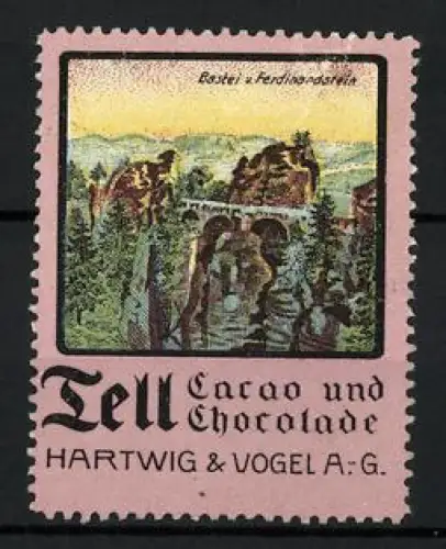 Reklamemarke Dresden, Tell Cacao und Chocolate, Hartwig & Vogel AG, Landschaftsansicht mit Bastei