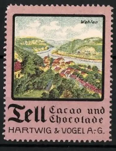 Reklamemarke Dresden, Tell Cacao und Chocolate, Hartwig & Vogel AG, Wehlen und Landschaftsansicht