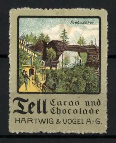 Reklamemarke Dresden, Tell Cacao und Chocolate, Hartwig & Vogel AG, Felsentor Prebischtor im Wald