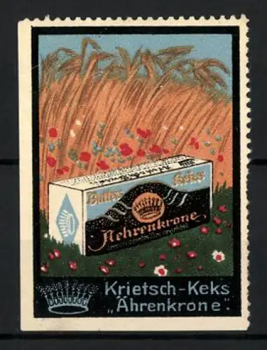 Reklamemarke Krietsch-Keks, Ährenkrone, Getreidefeld und Kekspackung