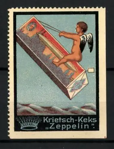 Reklamemarke Krietsch-Keks, Zeppelin, Engel reitet auf Luftschiff-Keksverpackung