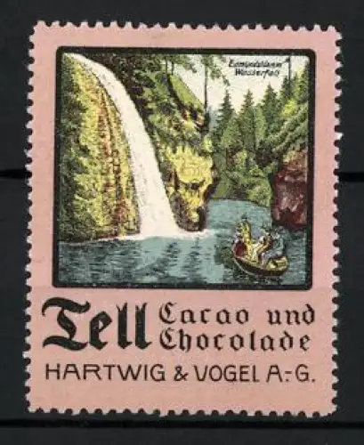 Reklamemarke Dresden, Tell Cacao und Chocolate, Hartwig & Vogel AG, Wasserfall und Kanu bei der Edmundsklamm